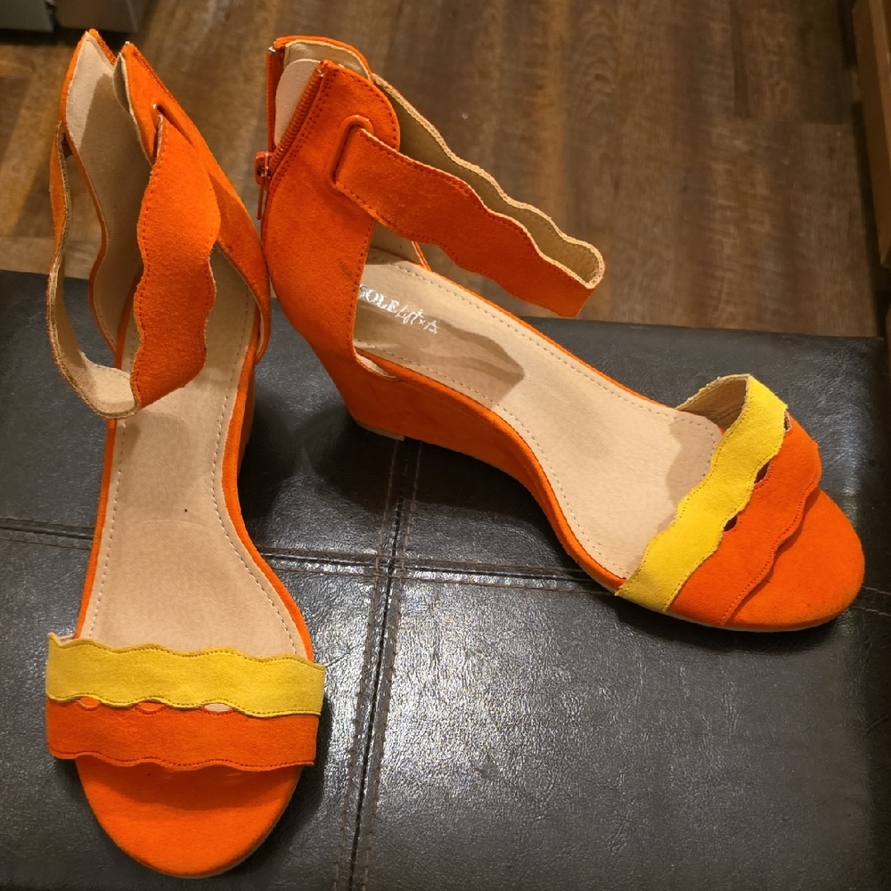 Vibrant Orange and Yellow Wedge Sandals